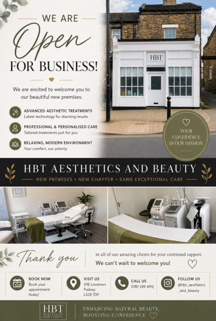 HBT Aesthetics and Beauty — Open at New Premises in Pudsey, Leeds